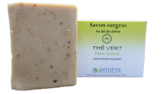 Antheya -- Savon lait de chèvre thé vert et argile - peaux grasses (boîte) - 100 g